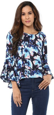 HARPA Casual Bell Sleeve Floral Print Women Dark Blue Top