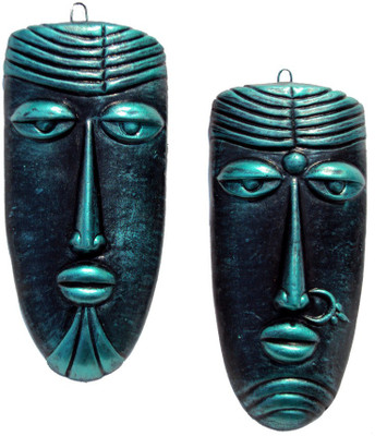 

Hand Artz Handmade Home Decorative Village Couple Mask Wall Hanging Decorative Showpiece - 20 cm(Terracotta, Green)