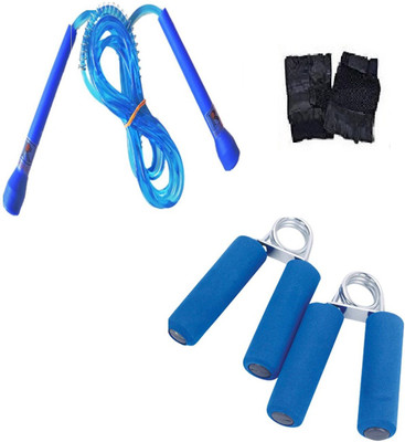 

BFIT SKIPPING ROPE+ GYM GLOVES PAIR + 2 HAND GRIPPER Freestyle Skipping Rope(Blue, Black, Length: 457 cm), Black;blue