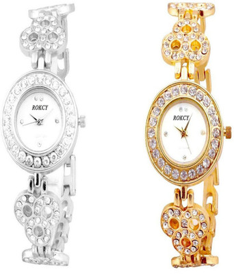 

Rokcy Golden-Silver Metal Full Dimand Watch for Women Watch - For Girls