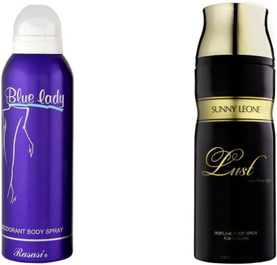 

Rasasi BLUE LADY::LUST WOMEN Deodorant Spray - For Women(400 ml, Pack of 2)