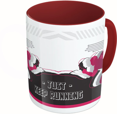 

MiiCreations Printed Two Tone Maroon And White Just Keep Running Ceramic Mug(325 ml)