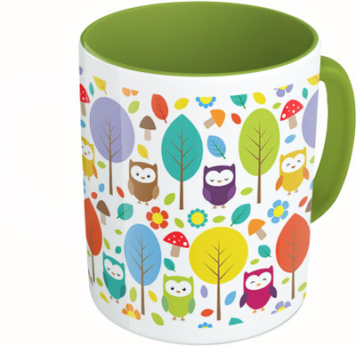 

MiiCreations Printed Two Tone Green And White Owl And Leaf Pattern Ceramic Mug(325 ml)