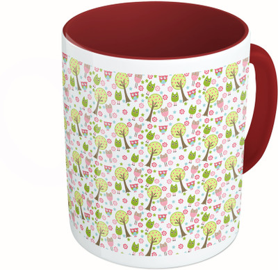 

MiiCreations Printed Two Tone Maroon And White Tree and Owl Pattern Ceramic Mug(325 ml)