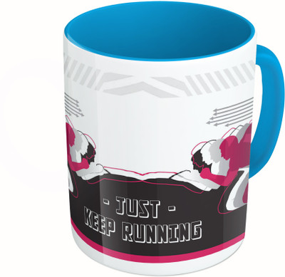 

MiiCreations Printed Two Tone Blue And White Just Keep Running Ceramic Mug(325 ml)