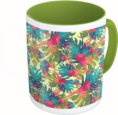 

MiiCreations Printed Two Tone Green And White Colorful Leaf Pattern Ceramic Mug(325 ml)
