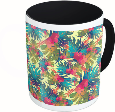 

MiiCreations Printed Two Tone Black And White Colorful Leaf Pattern Ceramic Mug(325 ml)