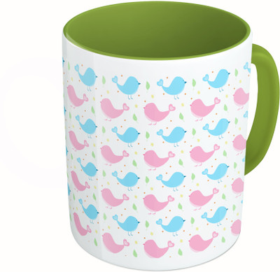 

MiiCreations Printed Two Tone Green And White Colorful Birds Ceramic Mug(325 ml)