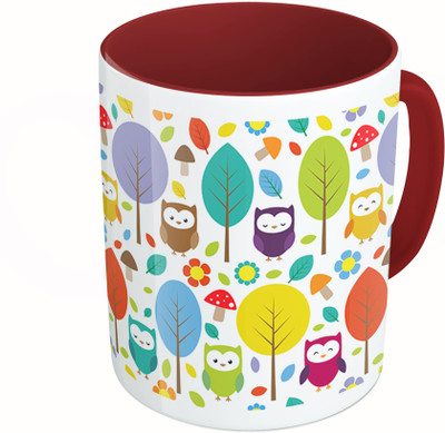 

MiiCreations Printed Two Tone Maroon And White Owl And Leaf Pattern Ceramic Mug(325 ml)