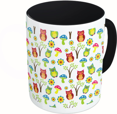 

MiiCreations Printed Two Tone Black And White Colorful Owl Pattern Ceramic Mug(325 ml)