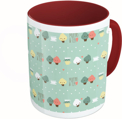 

MiiCreations Printed Two Tone Maroon And White Muffins & Tea Ceramic Mug(325 ml)