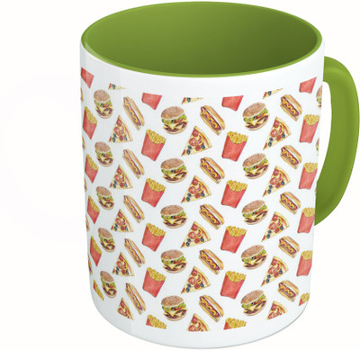 

MiiCreations Printed Two Tone Green And White Fast Food Pattern Ceramic Mug(325 ml)