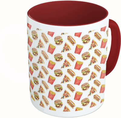 

MiiCreations Printed Two Tone Maroon And White Fast Food Pattern Ceramic Mug(325 ml)
