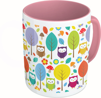 

MiiCreations Printed Two Tone Pink And White Owl And Leaf Pattern Ceramic Mug(325 ml)