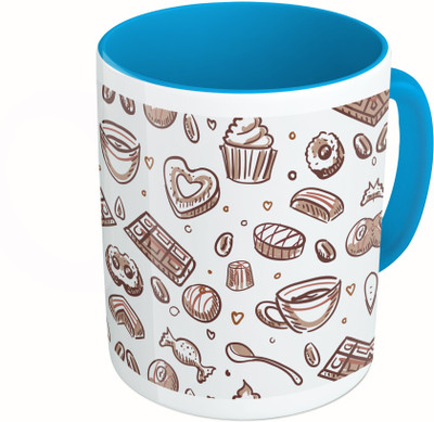 

MiiCreations Printed Two Tone Blue And White Hand Draw Coffee Pattern Ceramic Mug(325 ml)