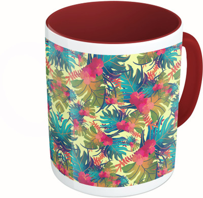 

MiiCreations Printed Two Tone Maroon And White Colorful Leaf Pattern Ceramic Mug(325 ml)