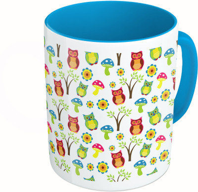 

MiiCreations Printed Two Tone Blue And White Colorful Owl Pattern Ceramic Mug(325 ml)