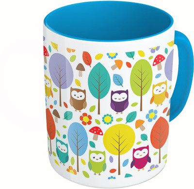 

MiiCreations Printed Two Tone Blue And White Owl And Leaf Pattern Ceramic Mug(325 ml)