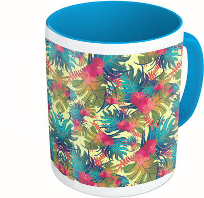 

MiiCreations Printed Two Tone Blue And White Colorful Leaf Pattern Ceramic Mug(325 ml)