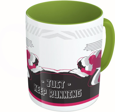 

MiiCreations Printed Two Tone Green And White Just Keep Running Ceramic Mug(325 ml)