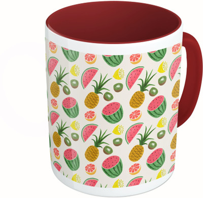 MiiCreations Printed Two Tone Maroon And White Fruits Pattern Ceramic Mug(325 ml)