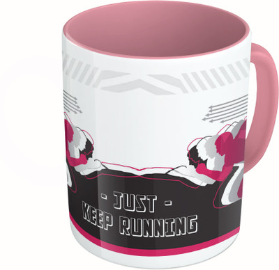 

MiiCreations Printed Two Tone Pink And White Just Keep Running Ceramic Mug(325 ml)