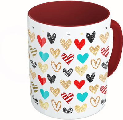 

MiiCreations Printed Two Tone Maroon And White Heart Pattern Ceramic Mug(325 ml)