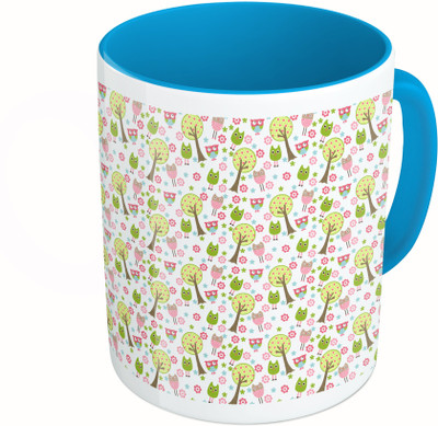 MiiCreations Printed Two Tone Blue And White Tree and Owl Pattern Ceramic Mug(325 ml)