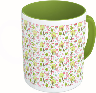 

MiiCreations Printed Two Tone Green And White Tree and Owl Pattern Ceramic Mug(325 ml)