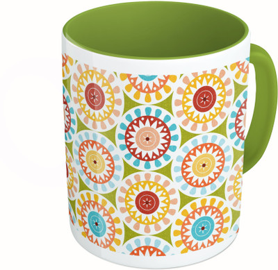 

MiiCreations Printed Two Tone Green And White Colorful Rangoli Design Ceramic Mug(325 ml)
