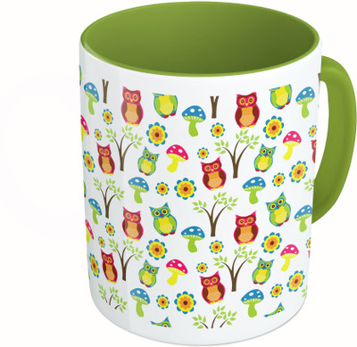 

MiiCreations Printed Two Tone Green And White Colorful Owl Pattern Ceramic Mug(325 ml)