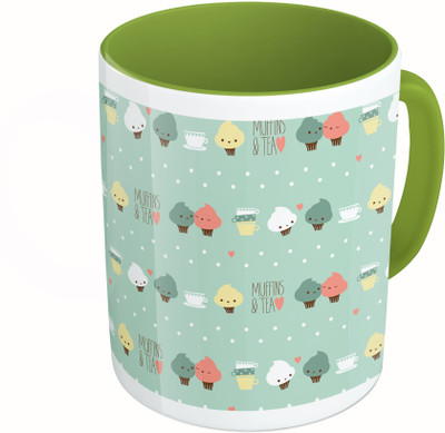

MiiCreations Printed Two Tone Green And White Muffins & Tea Ceramic Mug(325 ml)