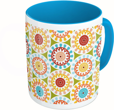 MiiCreations Printed Two Tone Blue And White Colorful Rangoli Design Ceramic Mug(325 ml)