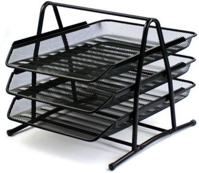 FULLHOUZ 3 Compartments Metal Document Tray or Office File Rack(Black)