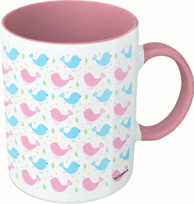 

MiiCreations Printed Two Tone Pink And White Colorful Birds Ceramic Mug(325 ml)