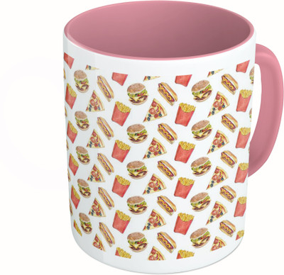 

MiiCreations Printed Two Tone Pink And White Fast Food Pattern Ceramic Mug(325 ml)