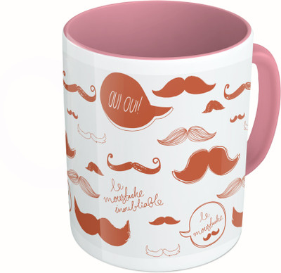 MiiCreations Printed Two Tone Pink And White Be Moustache Inoubliable Ceramic Mug(325 ml)