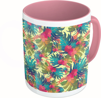 MiiCreations Printed Two Tone Pink And White Colorful Leaf Pattern Ceramic Mug(325 ml)