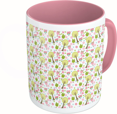 

MiiCreations Printed Two Tone Pink And White Tree and Owl Pattern Ceramic Mug(325 ml)