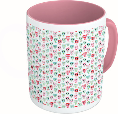 

MiiCreations Printed Two Tone Pin kAnd White Owls Pattern Ceramic Mug(325 ml), Pink