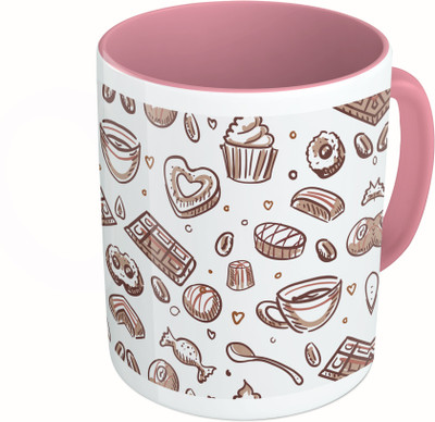 

MiiCreations Printed Two Tone Pink And White Hand Draw Coffee Pattern Ceramic Mug(325 ml)