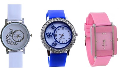 SPINOZA white peacock blue diamond studded butterfly and pink square Analog Watch  - For Girls   Watches  (SPINOZA)