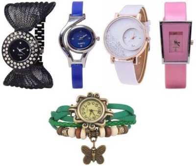 SPINOZA white mxre pink square blue round dial black metal belt and green butterfly supper Analog Watch  - For Girls   Watches  (SPINOZA)