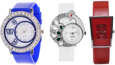 SPINOZA glory diamond studded blue butterfly and beautiful white peacock and red square Analog Watch  - For Girls   Watches  (SPINOZA)