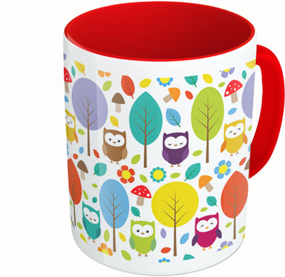 

MiiCreations Printed Two Tone Red And White Owl And Leaf Pattern Ceramic Mug(325 ml)