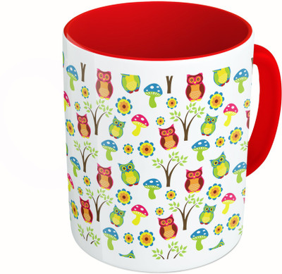 

MiiCreations Printed Two Tone Red And White Colorful Owl Pattern Ceramic Mug(325 ml)