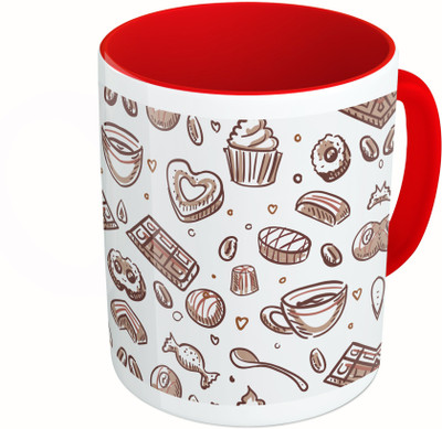

MiiCreations Printed Two Tone Red And White Hand Draw Coffee Pattern Ceramic Mug(325 ml)