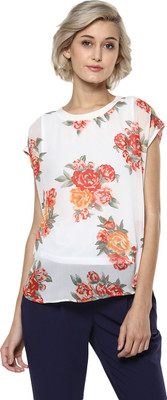 HARPA Casual Cap Sleeve Floral Print Women White Top HARPA Casual Cap Sleeve Floral Print Women White Top