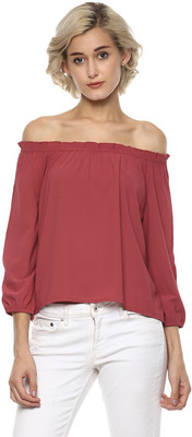 HARPA Casual 3/4 Sleeve Solid Women Maroon Top