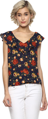 HARPA Casual Ruffled Sleeve Floral Print Women Dark Blue Top